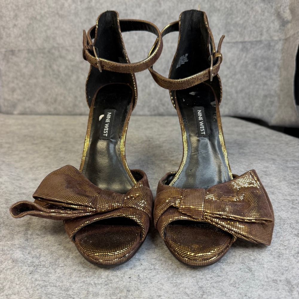 Nine West Bronze Metallic Bow Platform Sandals Ankle Strap Stiletto Heels 8.5